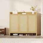 Meuble à chaussures en rotin, meuble de rangement pour chaussures en bois avec 3 portes et étagères réglables pour entrée, salon, couloir