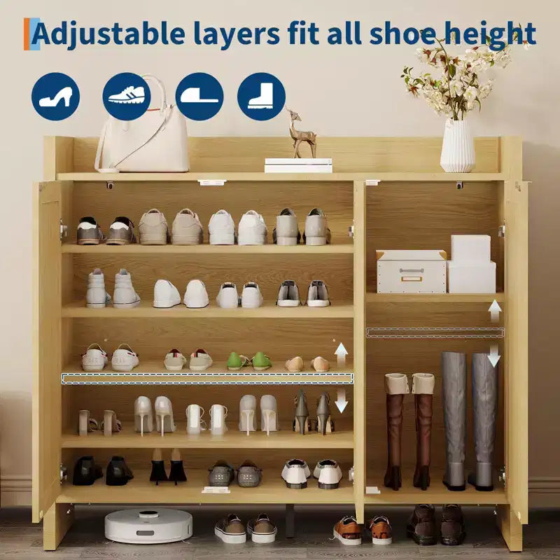 Meuble à chaussures en rotin, meuble de rangement pour chaussures en bois avec 3 portes et étagères réglables pour entrée, salon, couloir