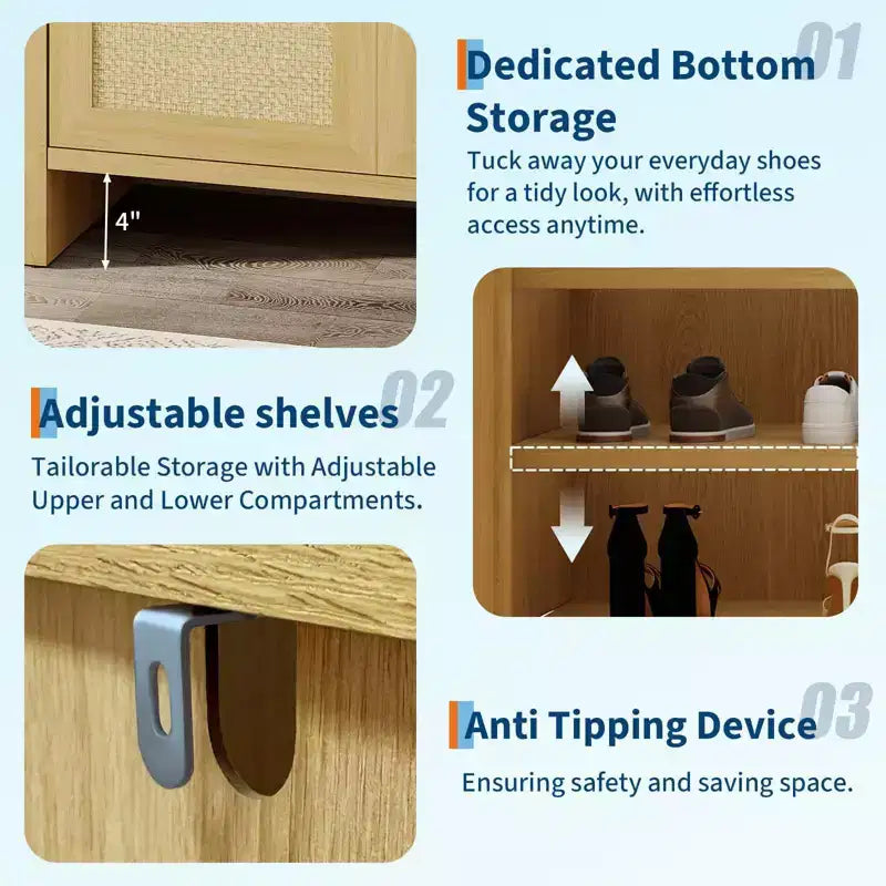Meuble à chaussures en rotin, meuble de rangement pour chaussures en bois avec 3 portes et étagères réglables pour entrée, salon, couloir