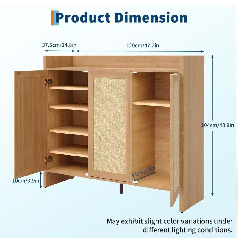 Meuble à chaussures en rotin, meuble de rangement pour chaussures en bois avec 3 portes et étagères réglables pour entrée, salon, couloir