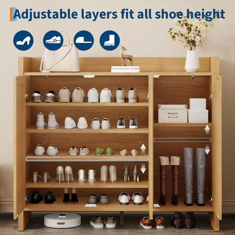 Meuble à chaussures en rotin, meuble de rangement pour chaussures en bois avec 3 portes et étagères réglables pour entrée, salon, couloir