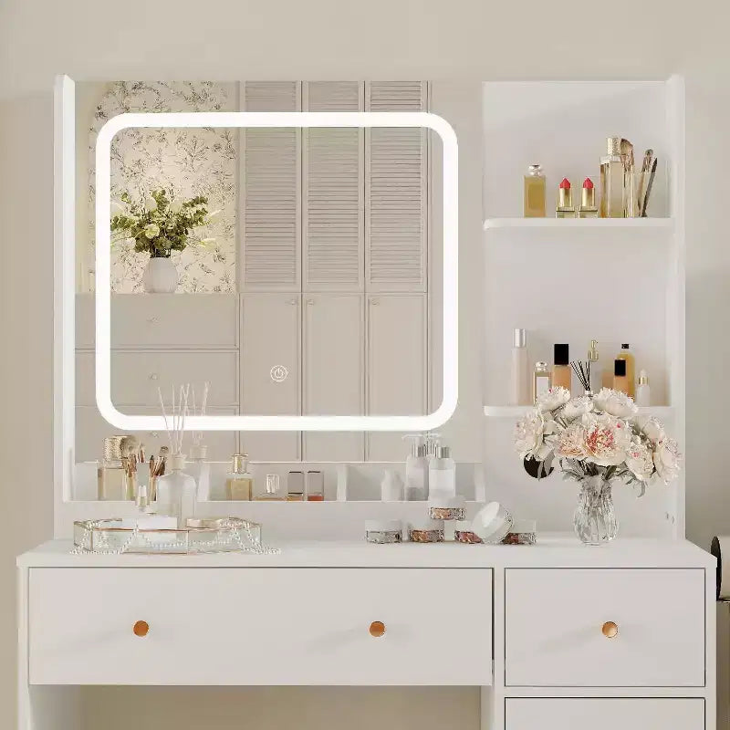 Coiffeuse moderne avec miroir, tabouret, luminosité réglable, 4 tiroirs et étagères de rangement, pour chambre à coucher