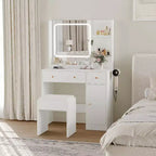 Coiffeuse moderne avec miroir, tabouret, luminosité réglable, 4 tiroirs et étagères de rangement, pour chambre à coucher