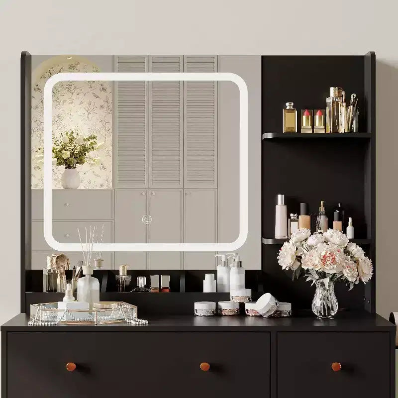 Coiffeuse moderne avec miroir, tabouret, luminosité réglable, 4 tiroirs et étagères de rangement, pour chambre à coucher