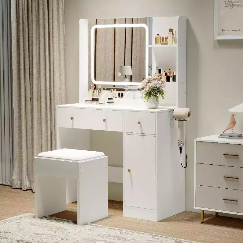 Coiffeuse moderne avec miroir, tabouret, luminosité réglable, 4 tiroirs et étagères de rangement, pour chambre à coucher