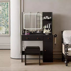 Modern Makeup Vanity Table with Mirror, Stool, Adjustable Brightness, 4 Drawers and Storage Shelves, Dressing Desk for Bedroom
