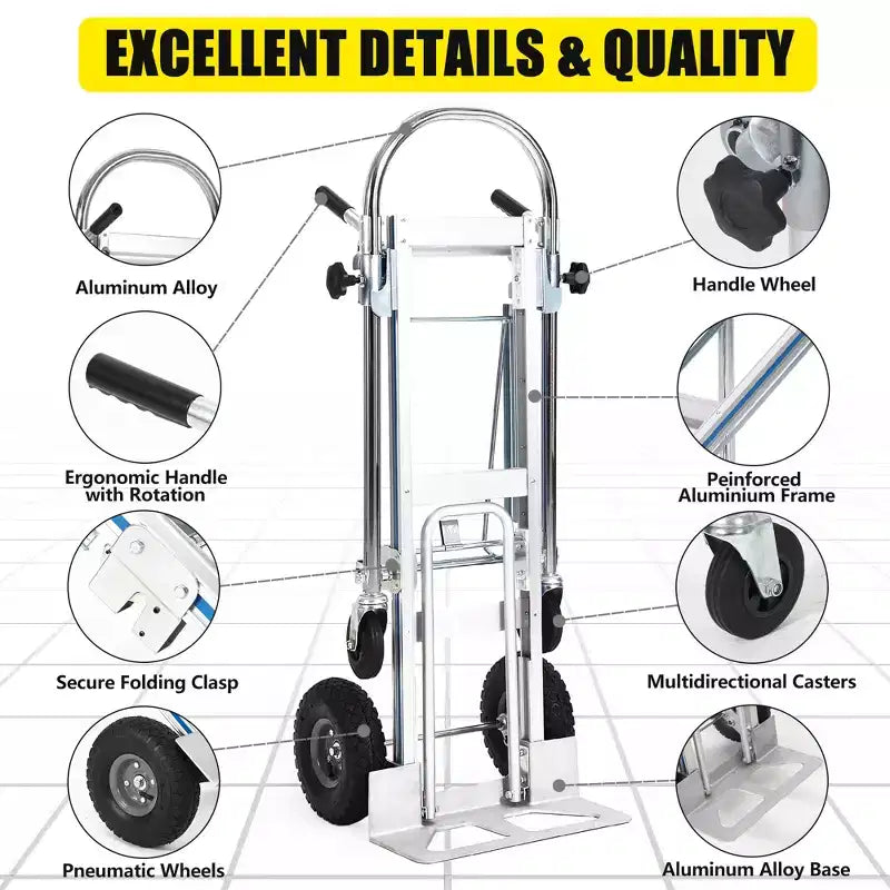 Diable pliant en aluminium de 450 kg, chariot convertible 4-en-1 avec roues en caoutchouc pour entrepôt, supermarché, jardin