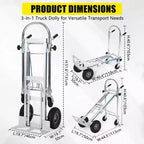 Diable pliant en aluminium de 450 kg, chariot convertible 4-en-1 avec roues en caoutchouc pour entrepôt, supermarché, jardin