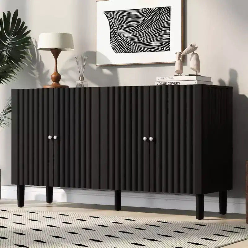 TUYOHW Buffet, Console avec Portes à Motif Ondulé, Pieds Cylindriques, Poignées Métalliques, Meuble de Rangement Réglable pour Bureau, Salon, Noir