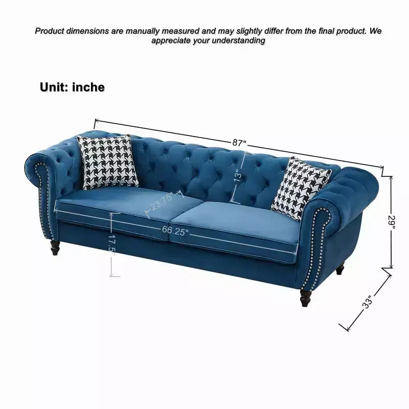 Canapé Chesterfield 3 places de style Mid-Century avec garniture cloutée, accoudoirs roulés et cadre en bois, canapé en velours pour salon, lounge - Panipeachy