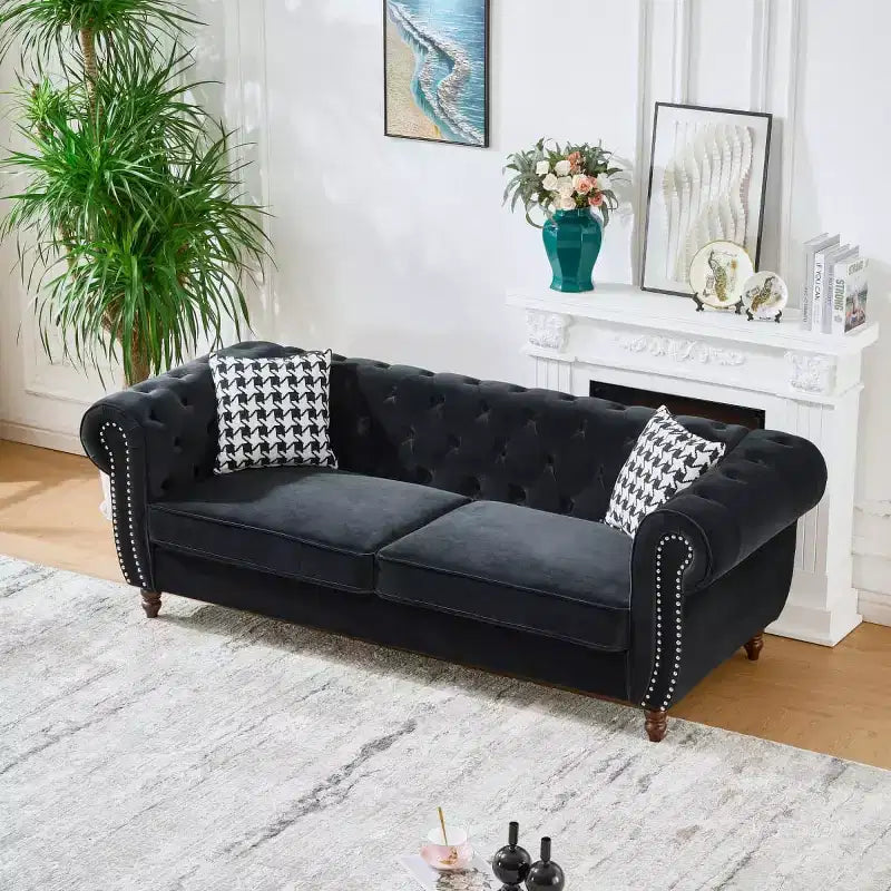 Canapé Chesterfield 3 places de style Mid-Century avec garniture cloutée, accoudoirs roulés et cadre en bois, canapé en velours pour salon, lounge - Panipeachy