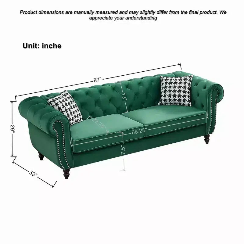Canapé Chesterfield 3 places de style Mid-Century avec garniture cloutée, accoudoirs roulés et cadre en bois, canapé en velours pour salon, lounge - Panipeachy