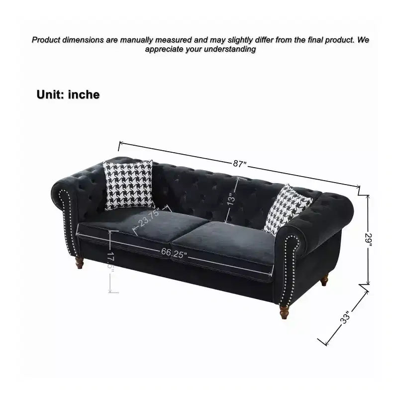Canapé Chesterfield 3 places de style Mid-Century avec garniture cloutée, accoudoirs roulés et cadre en bois, canapé en velours pour salon, lounge - Panipeachy