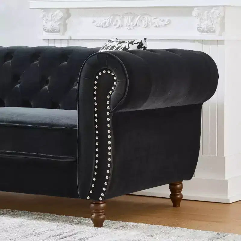 Canapé Chesterfield 3 places de style Mid-Century avec garniture cloutée, accoudoirs roulés et cadre en bois, canapé en velours pour salon, lounge - Panipeachy