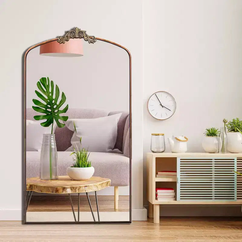 TUYOHW Grand Miroir Mural Vintage sur Pied avec Arche Ornée pour Chambre à Coucher, Dressing, Beige