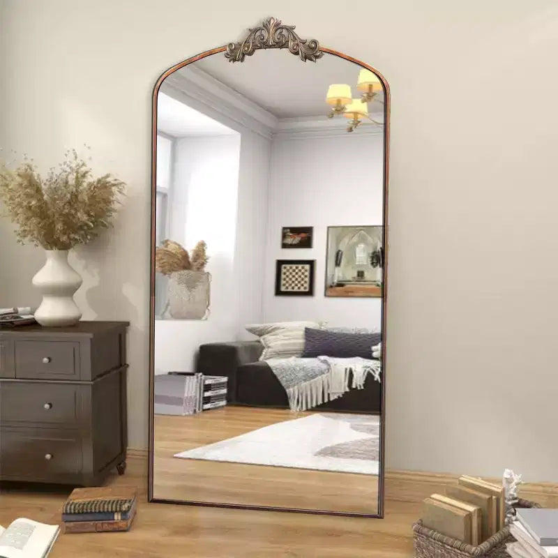 TUYOHW Grand Miroir Mural Vintage sur Pied avec Arche Ornée pour Chambre à Coucher, Dressing, Beige