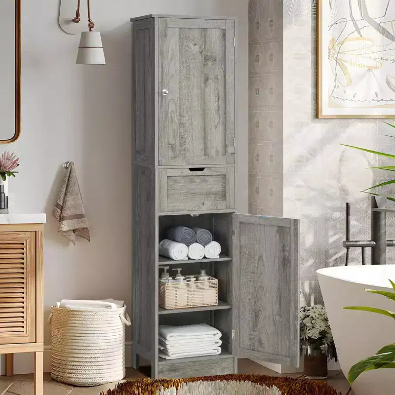 Meuble colonne de salle de bain avec étagères réglables et 1 tiroir, meuble de rangement avec 2 portes, meuble colonne étroit, meuble de sol pour salle de bain, gris