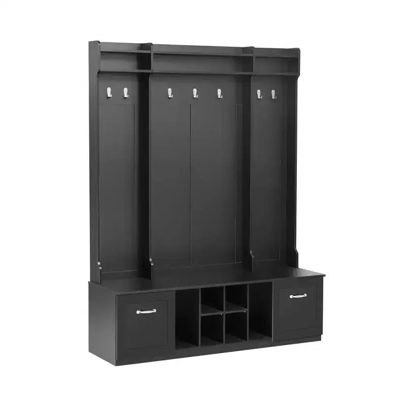 Meuble d'entrée avec banc et porte-manteau, doté de 7 patères, de 2 grands tiroirs et d'étagères réglables, idéal pour les couloirs et les salons