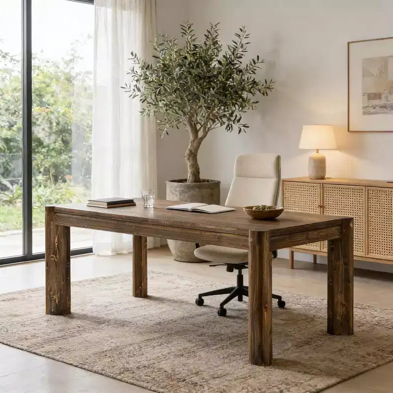 Bureau de direction en bois massif Lantine 63, grand bureau d'ordinateur de style ferme, table d'écriture simple pour le bureau à domicile