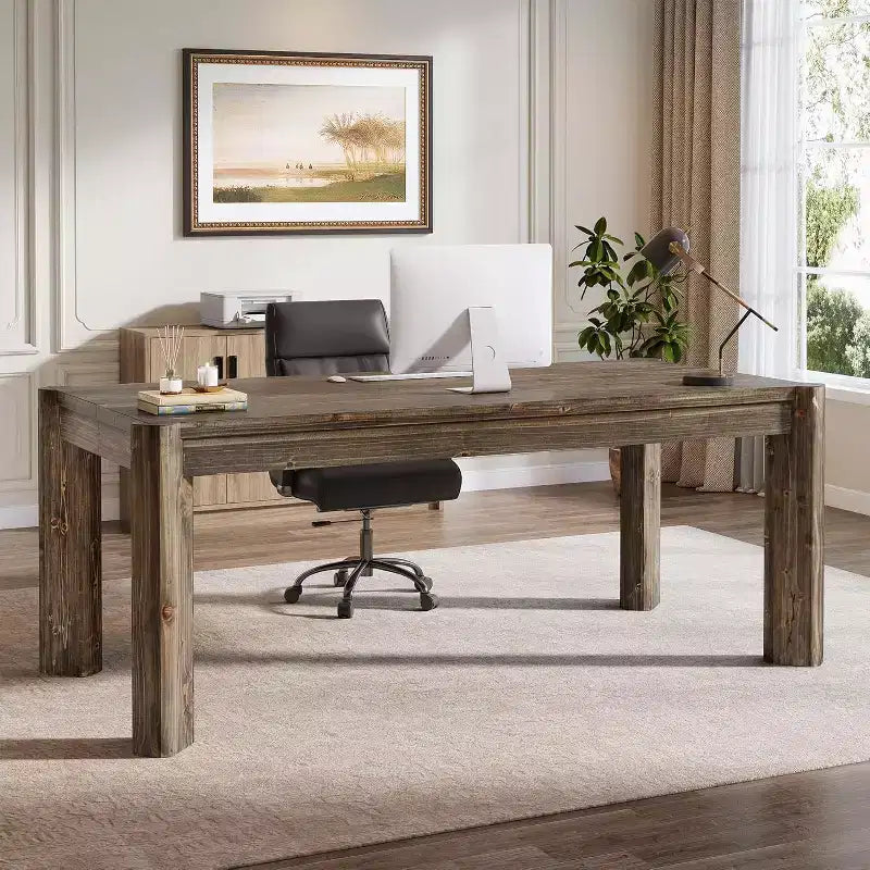 Bureau de direction en bois massif Lantine 63, grand bureau d'ordinateur de style ferme, table d'écriture simple pour le bureau à domicile