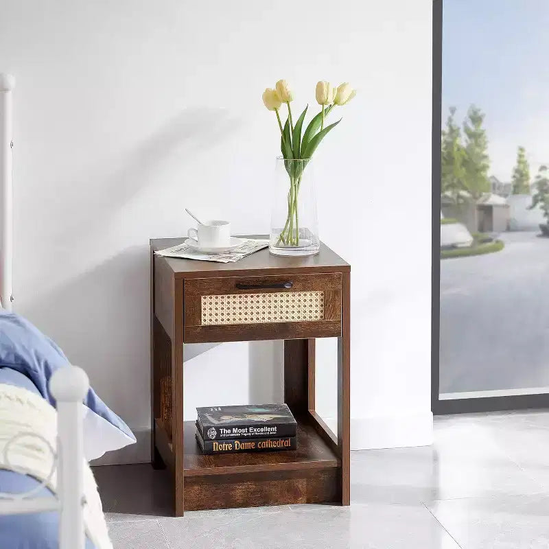 Table de chevet noire en rotin avec tiroir 40 cm, table d'appoint moderne pour chambre et salon