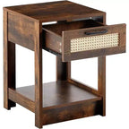 Table de chevet noire en rotin avec tiroir 40 cm, table d'appoint moderne pour chambre et salon