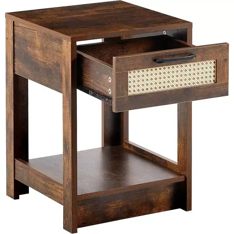 Table de chevet noire en rotin avec tiroir 40 cm, table d'appoint moderne pour chambre et salon