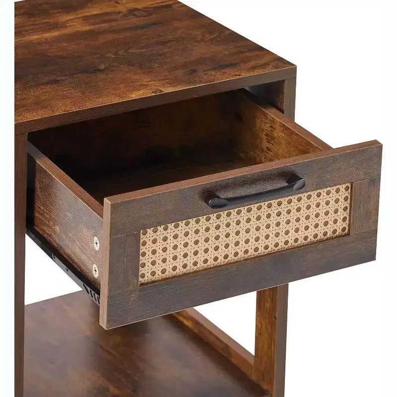 Table de chevet noire en rotin avec tiroir 40 cm, table d'appoint moderne pour chambre et salon