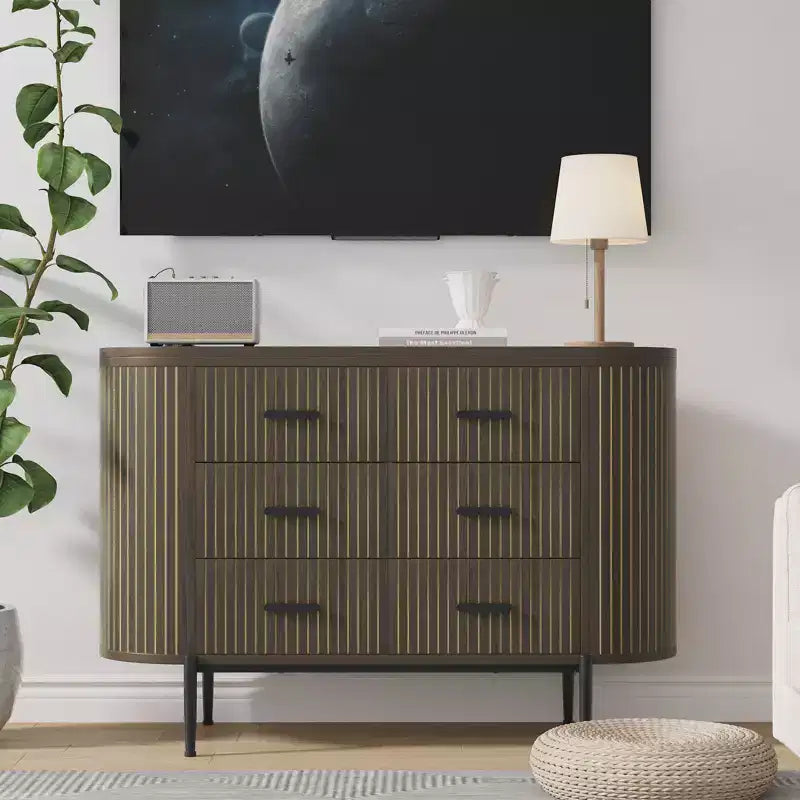 Commode à 6 tiroirs pour chambre à coucher, commode en bois de 47 po de large avec plateau en faux marbre, commode cannelée pour TV, organiseur de rangement pour vêtements de chambre à coucher