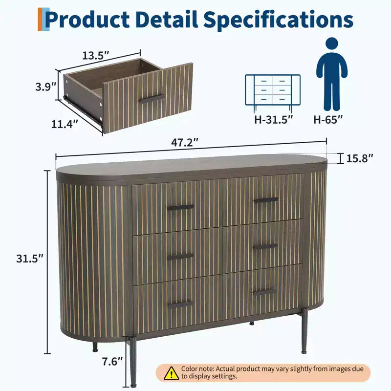 Commode à 6 tiroirs pour chambre à coucher, commode en bois de 47 po de large avec plateau en faux marbre, commode cannelée pour TV, organiseur de rangement pour vêtements de chambre à coucher