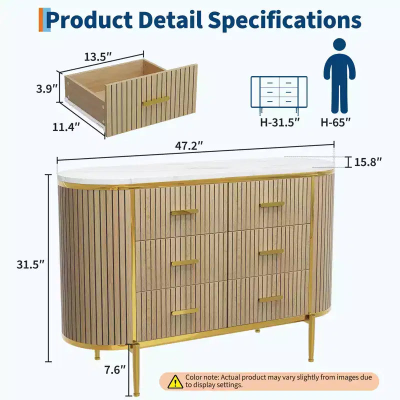 Commode à 6 tiroirs pour chambre à coucher, commode en bois de 47 po de large avec plateau en faux marbre, commode cannelée pour TV, organiseur de rangement pour vêtements de chambre à coucher