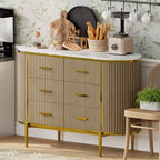 Commode à 6 tiroirs pour chambre à coucher, commode en bois de 47 po de large avec plateau en faux marbre, commode cannelée pour TV, organiseur de rangement pour vêtements de chambre à coucher