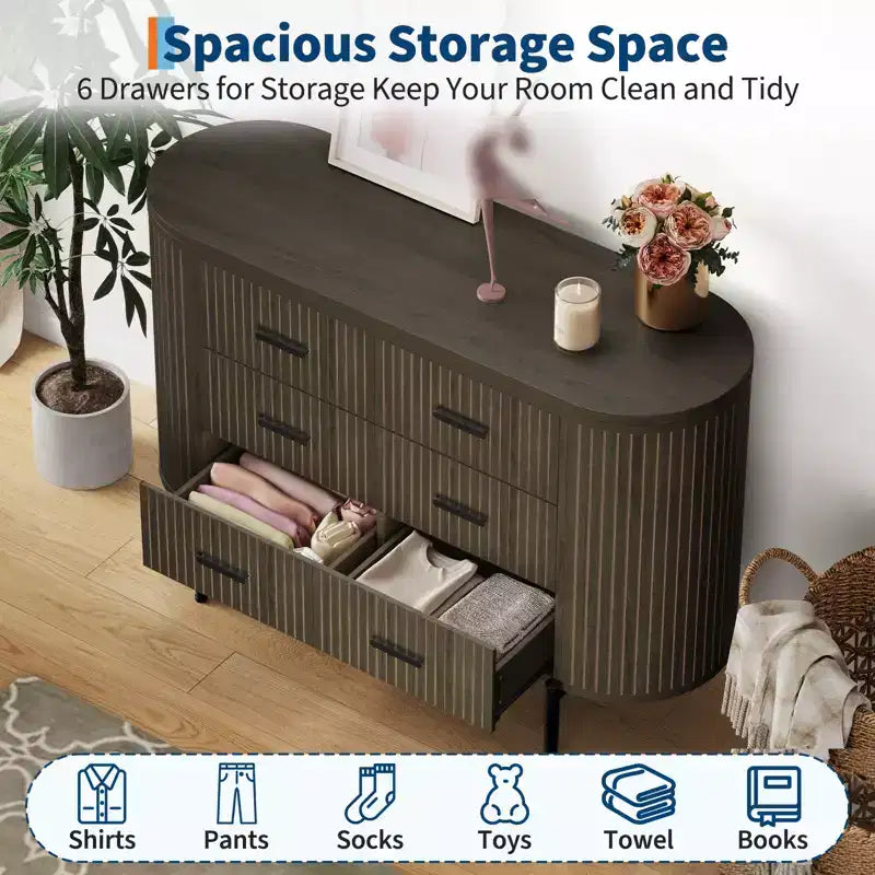 Commode à 6 tiroirs pour chambre à coucher, commode en bois de 47 po de large avec plateau en faux marbre, commode cannelée pour TV, organiseur de rangement pour vêtements de chambre à coucher