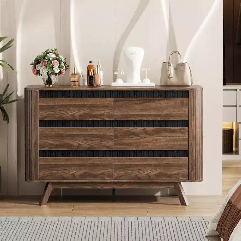 Commode 6 tiroirs à volet roulant, Commode au design profilé incurvé, Organiseur de tiroirs en bois pour Chambre, Salon, Couloir, Entrée