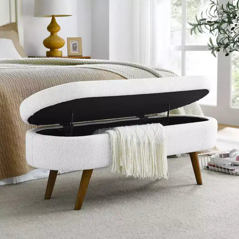 TUYOHW 43 Banc de Rangement Polyvalent Bout de Lit, Banc d'Entrée en Lin Doux, Pouf de Lit Élégant avec Pieds en Bois d'Hévéa, Capacité de 113 kg