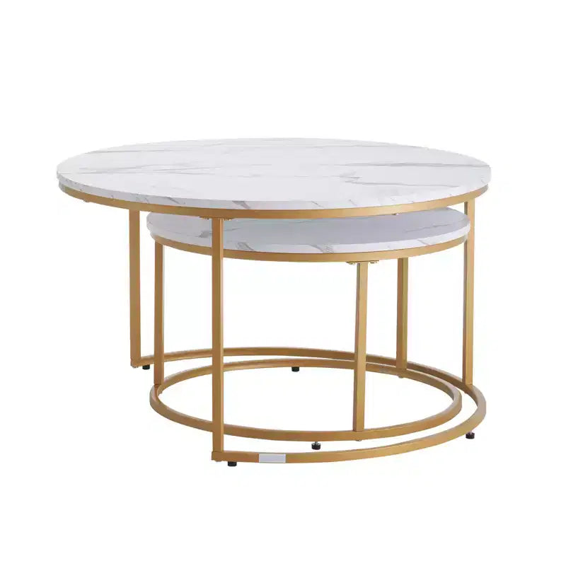 VEVOR Nesting Coffee Table Set of 2, 31.5 in Round Coffee Table, Nesting Tables, Vintage End Side Tables Night Stand with Metal Frame, White & Gold