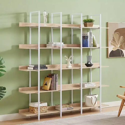 Bibliothèque à 5 niveaux, étagère ouverte pour bureau à domicile, étagère de style industriel vintage, panneau MDF, cadre en métal blanc