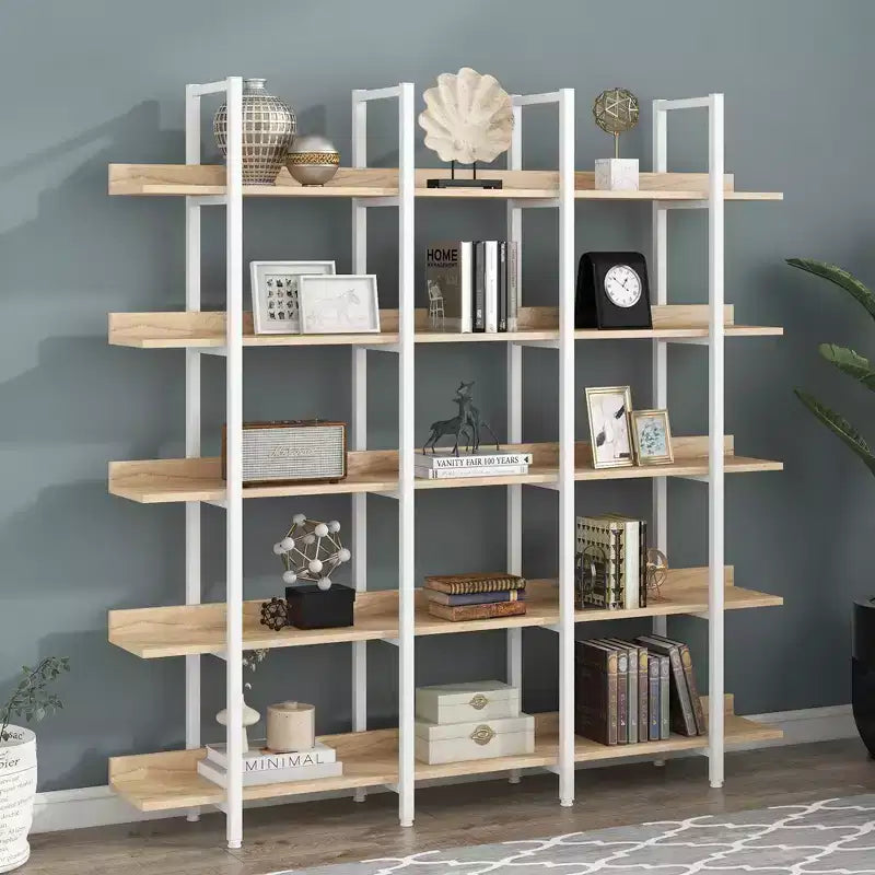 Bibliothèque à 5 niveaux, étagère ouverte pour bureau à domicile, étagère de style industriel vintage, panneau MDF, cadre en métal blanc