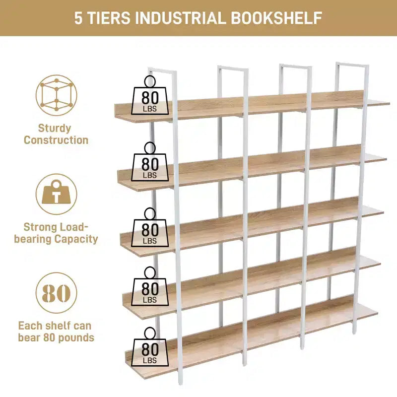 Bibliothèque à 5 niveaux, étagère ouverte pour bureau à domicile, étagère de style industriel vintage, panneau MDF, cadre en métal blanc