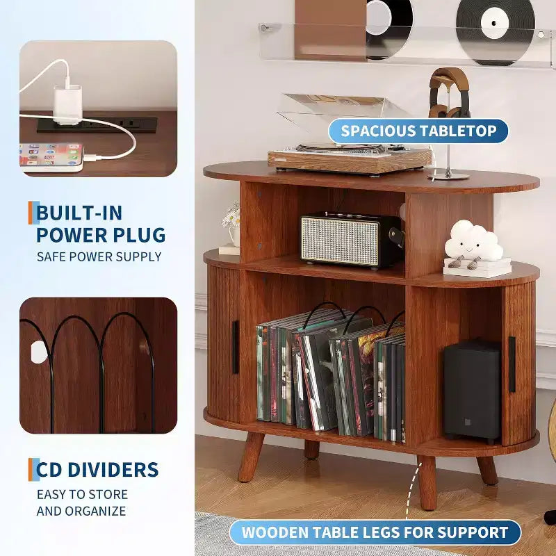 Meuble de lecture de disques avec rangement et station de charge, grand meuble pour disques vinyles rond, meuble de platine moderne pour salon, chambre à coucher