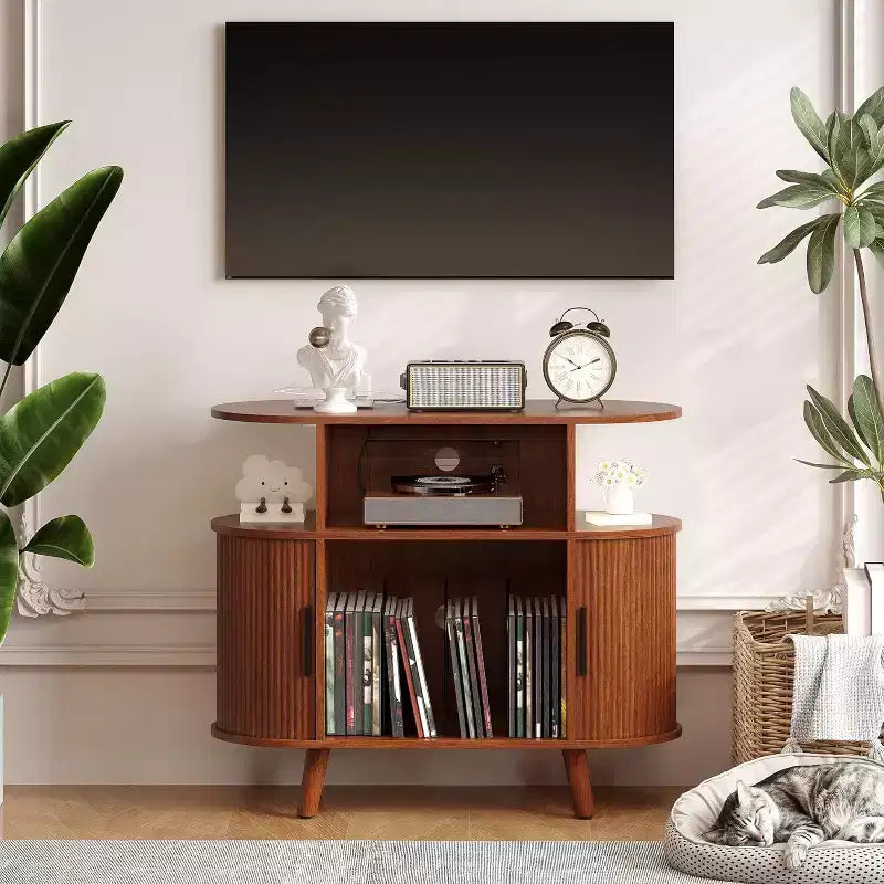 Meuble de lecture de disques avec rangement et station de charge, grand meuble pour disques vinyles rond, meuble de platine moderne pour salon, chambre à coucher