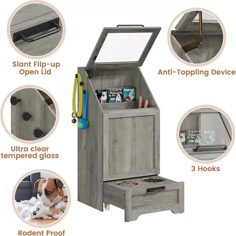 Mangeoire pliante surélevée pour chiens avec meuble de rangement, 2 gamelles en acier inoxydable et 3 crochets, organisateur de nourriture en bois pour chiens et chats, table d'appoint