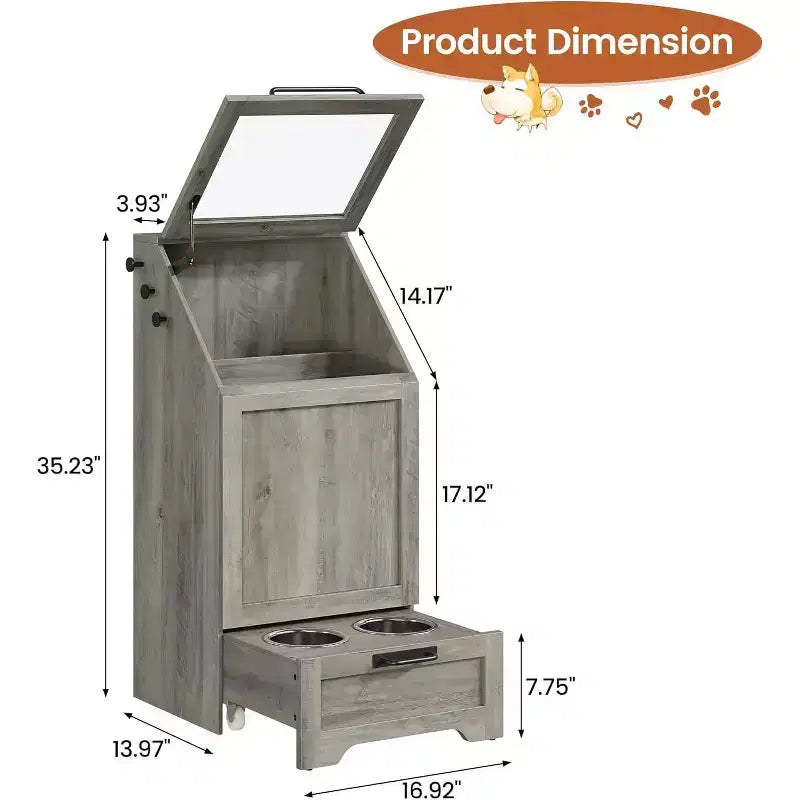 Mangeoire pliante surélevée pour chiens avec meuble de rangement, 2 gamelles en acier inoxydable et 3 crochets, organisateur de nourriture en bois pour chiens et chats, table d'appoint