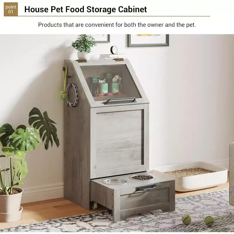 Mangeoire pliante surélevée pour chiens avec meuble de rangement, 2 gamelles en acier inoxydable et 3 crochets, organisateur de nourriture en bois pour chiens et chats, table d'appoint