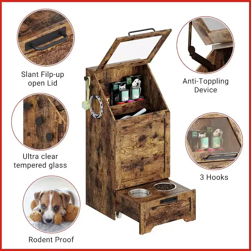 Mangeoire pliante surélevée pour chiens avec meuble de rangement, 2 gamelles en acier inoxydable et 3 crochets, organisateur de nourriture en bois pour chiens et chats, table d'appoint