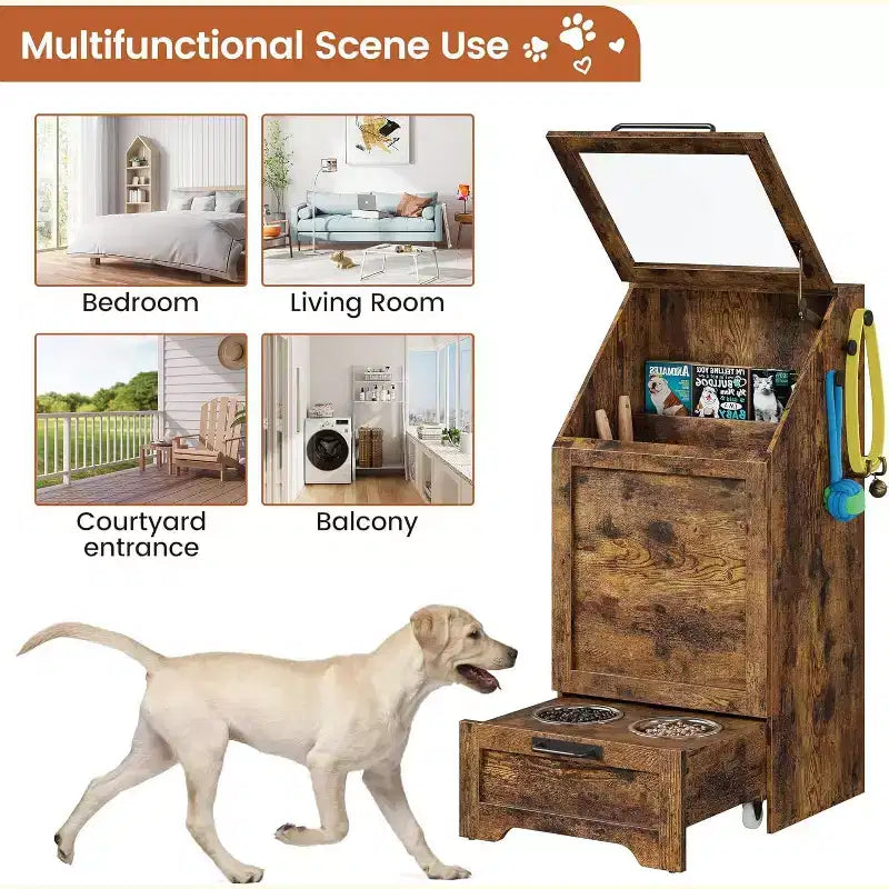 Mangeoire pliante surélevée pour chiens avec meuble de rangement, 2 gamelles en acier inoxydable et 3 crochets, organisateur de nourriture en bois pour chiens et chats, table d'appoint
