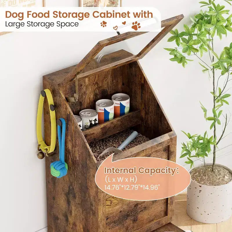 Mangeoire pliante surélevée pour chiens avec meuble de rangement, 2 gamelles en acier inoxydable et 3 crochets, organisateur de nourriture en bois pour chiens et chats, table d'appoint