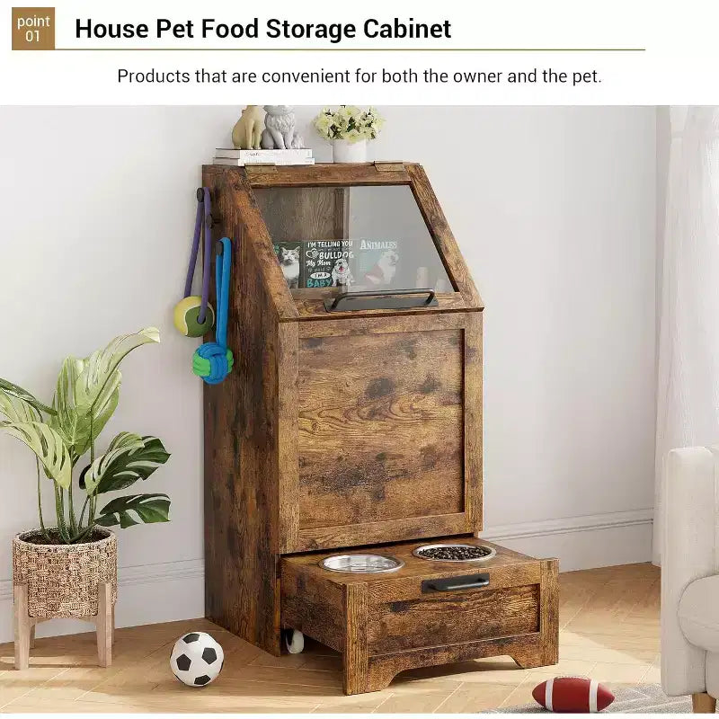 Mangeoire pliante surélevée pour chiens avec meuble de rangement, 2 gamelles en acier inoxydable et 3 crochets, organisateur de nourriture en bois pour chiens et chats, table d'appoint
