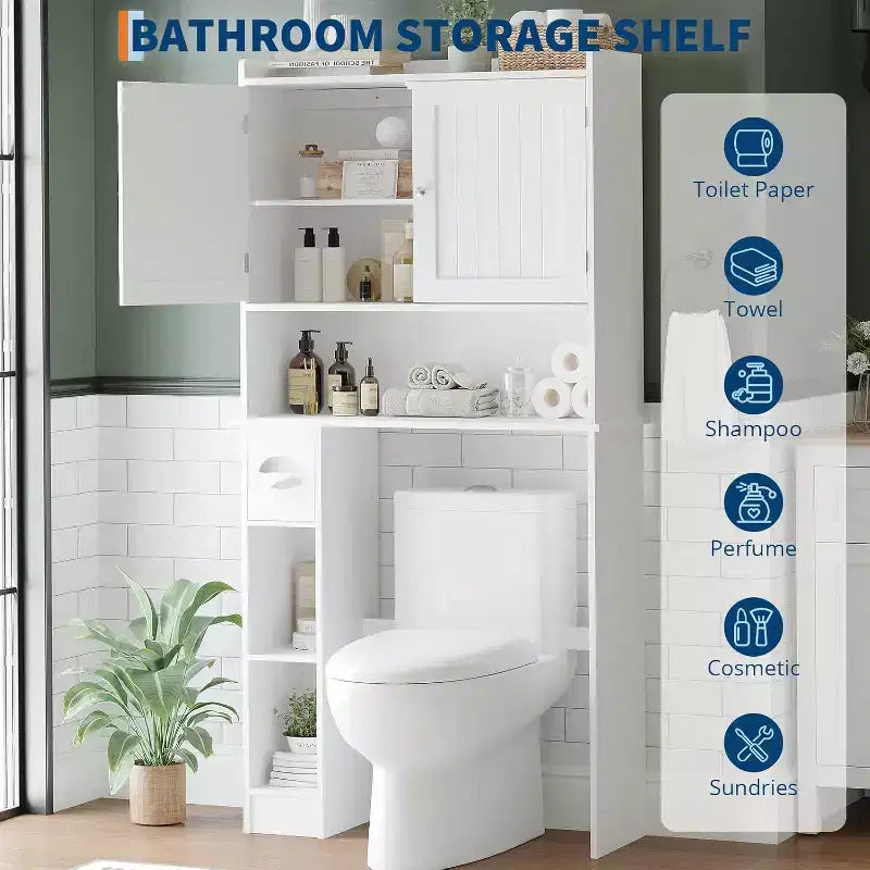 Meuble de rangement sur les toilettes avec portes de grange, étagère de salle de bain sur les toilettes avec crochet à papier toilette et étagères réglables pour salle de bain, entrée, buanderie