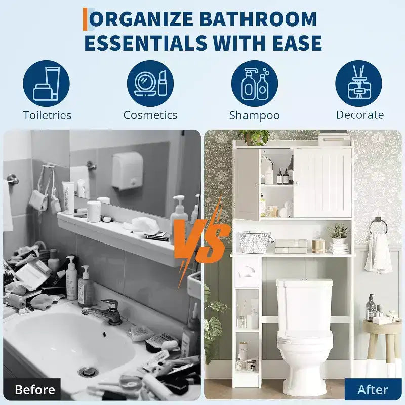 Meuble de rangement sur les toilettes avec portes de grange, étagère de salle de bain sur les toilettes avec crochet à papier toilette et étagères réglables pour salle de bain, entrée, buanderie